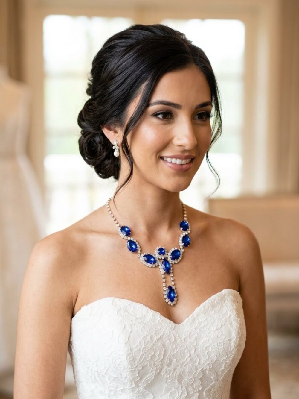 Bridal Brand New In Package Gold necklace with clear and blue stones